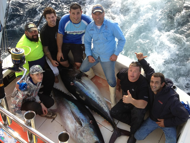 ANGLER: Dave Fenech & Eddie Johnson  SPECIES: Southern Bluefin Tuna's  WEIGHT: 110 Kg & 104 Kg LURE: JB Lures, Dingo's